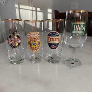 Set of Four Beer Bar Glasses: DAB, Double Diamond, Newcastle, and Tetley’s Ale